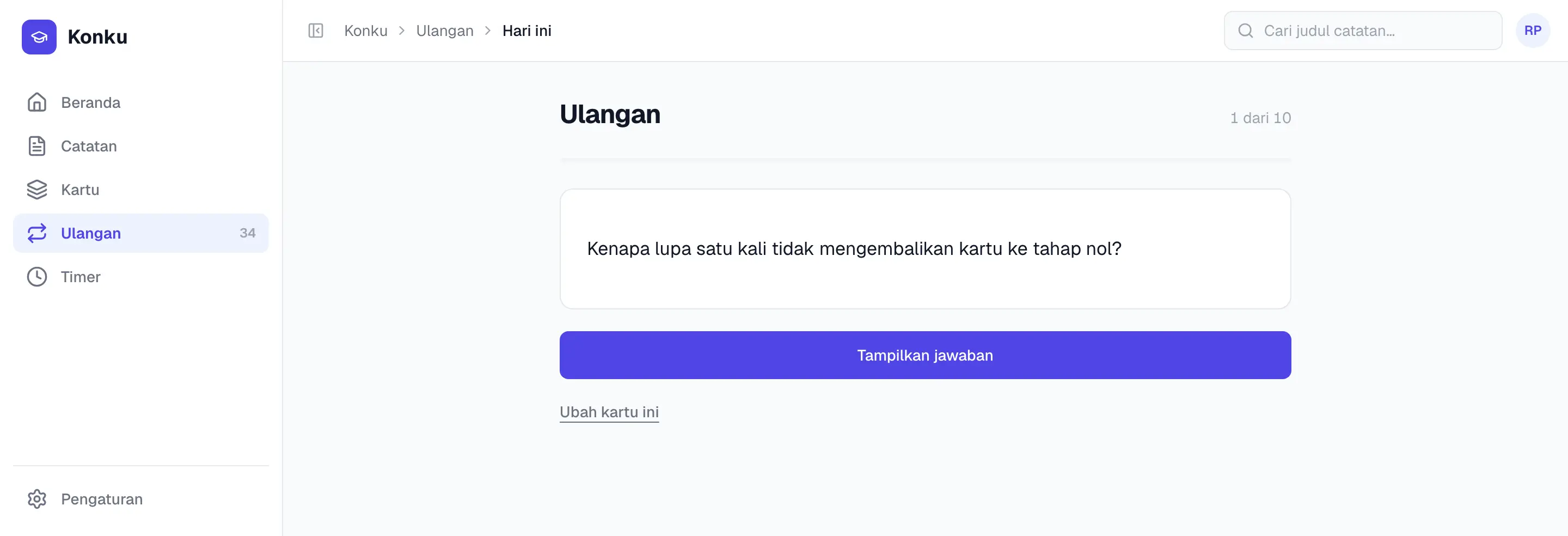 Layar ulangan Konku: satu pertanyaan tampil, jawabannya masih tertutup, dengan tombol untuk membukanya.