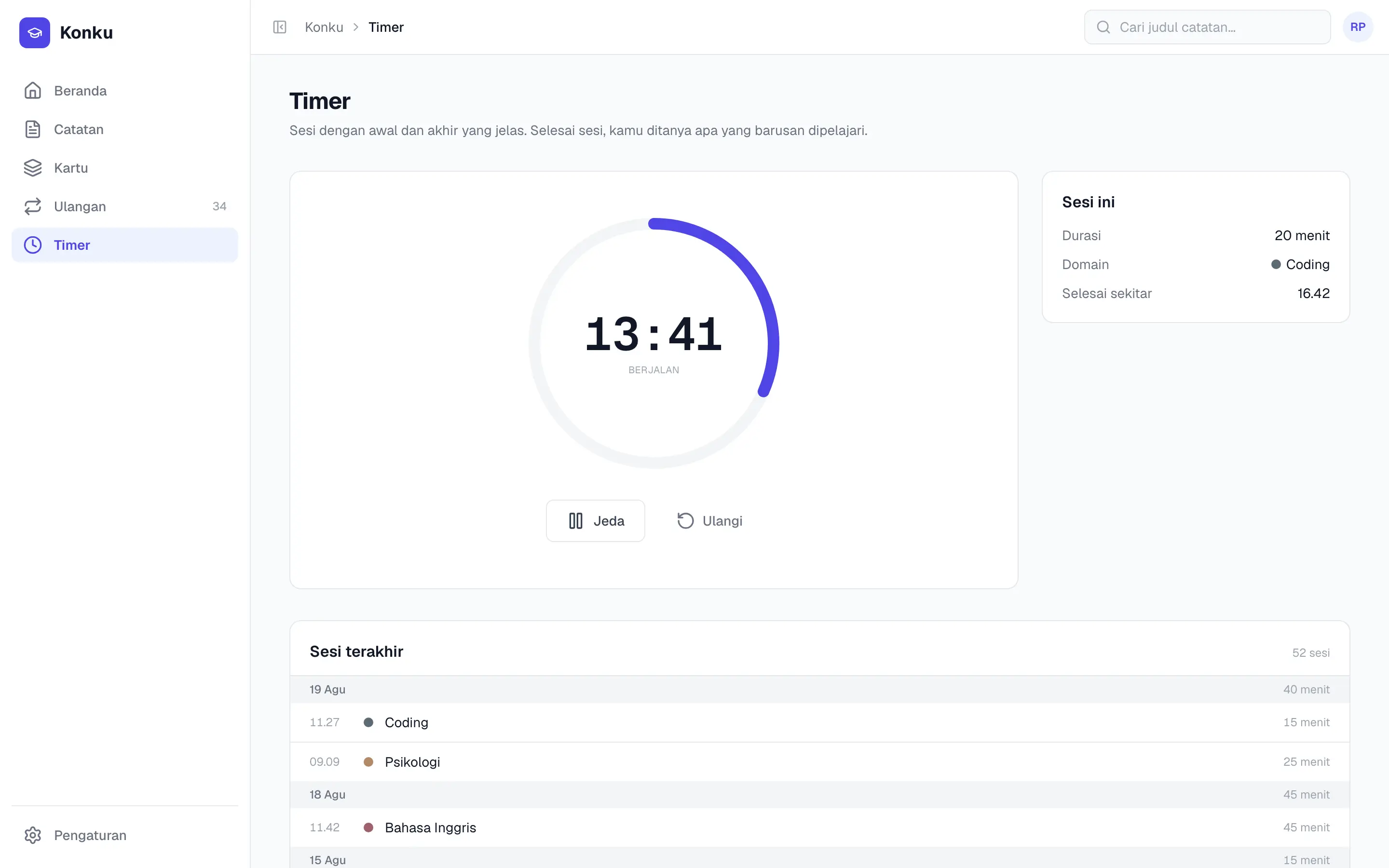 Timer fokus sedang berjalan dengan sisa waktu di tengah layar.